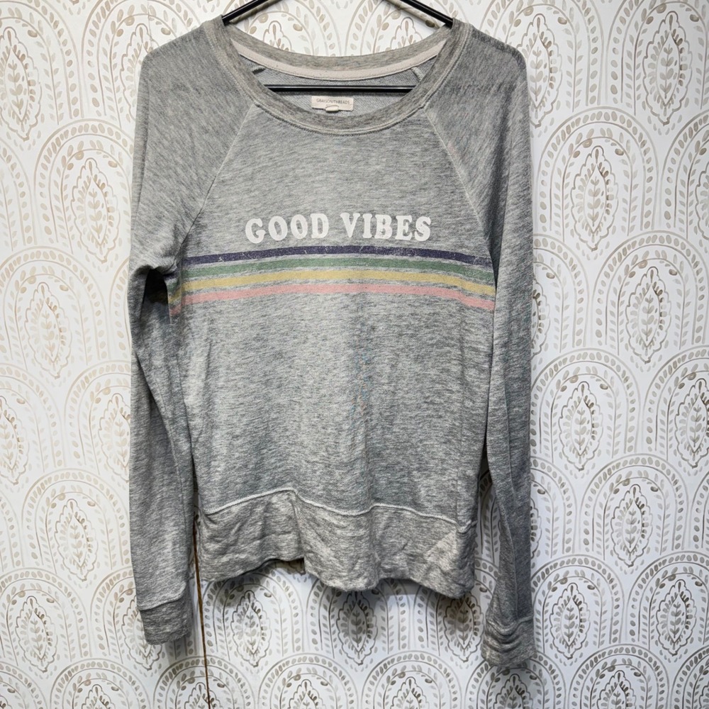 Grayson Threads Sweatshirt Womens S Gray Good Vibes Rainbow Graphic Raglan